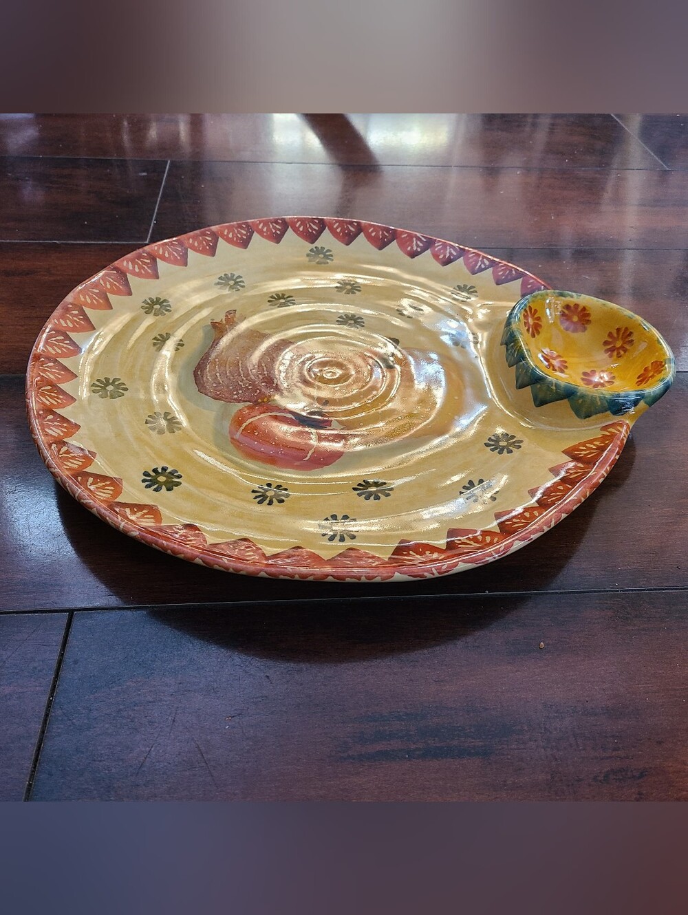 Italian Hand Painted Ceramic Round Platter w/ Attached Dip Bowl, Fruit